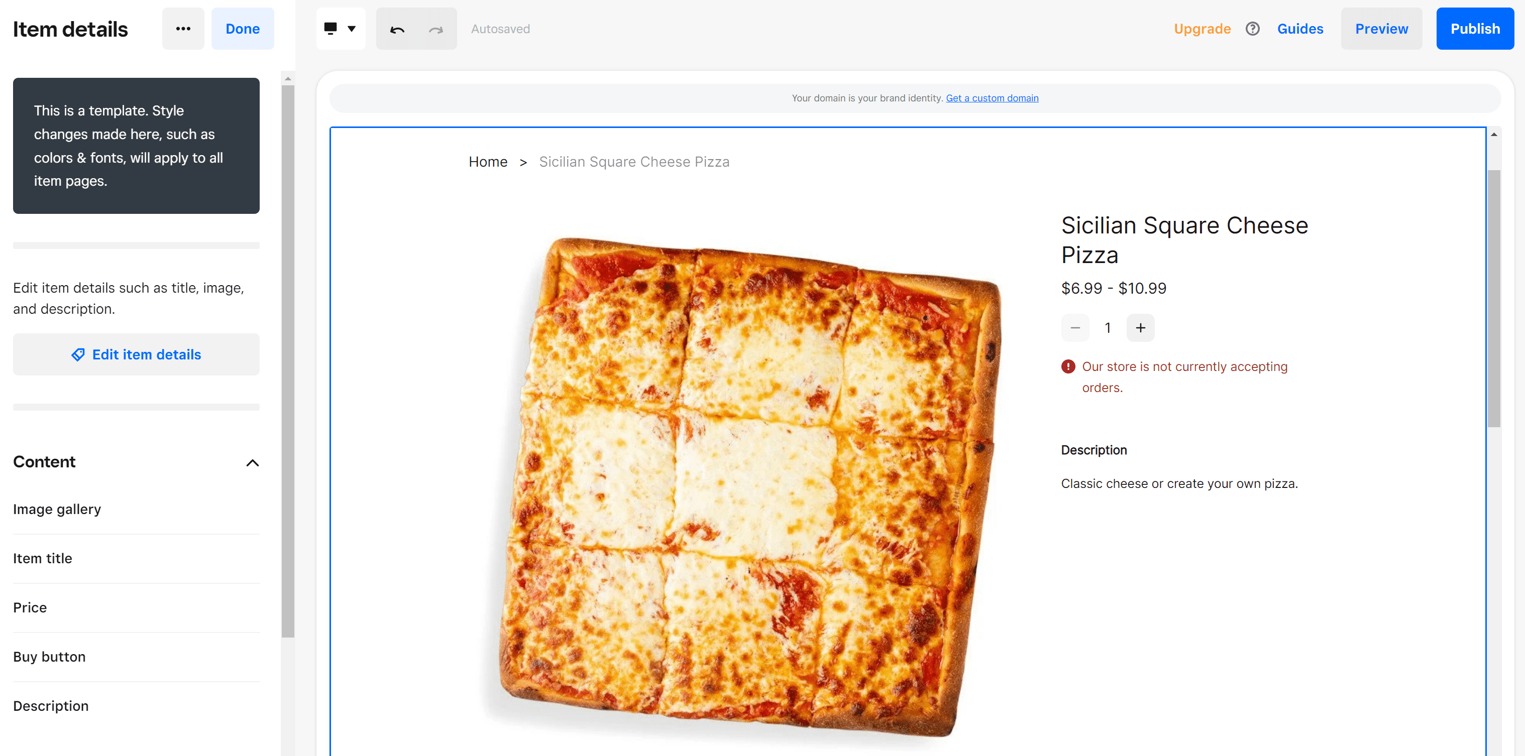 Square pizza POS online ordering site
