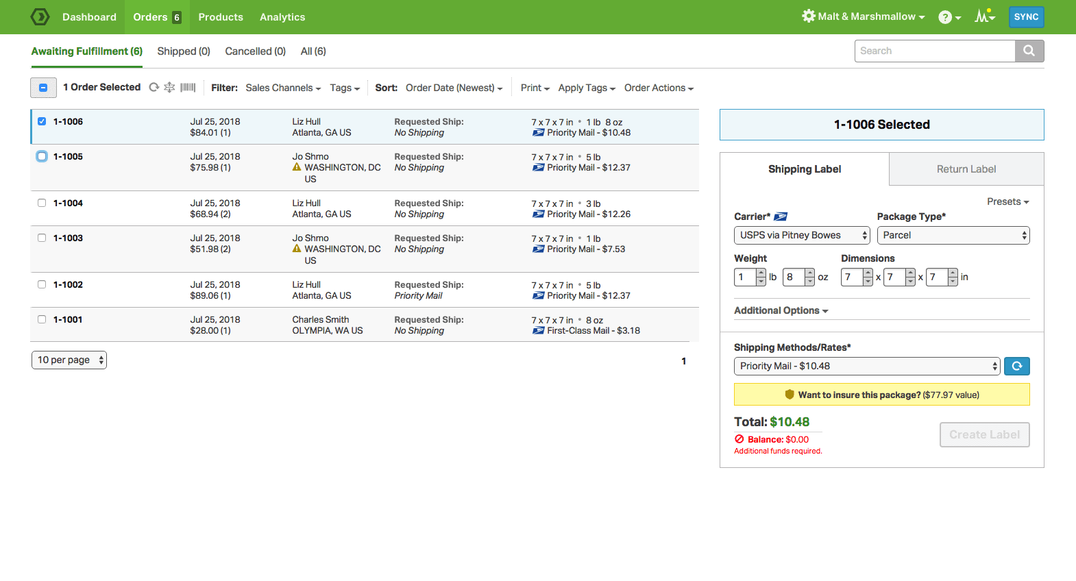 Screengrab of Ordoro user interface