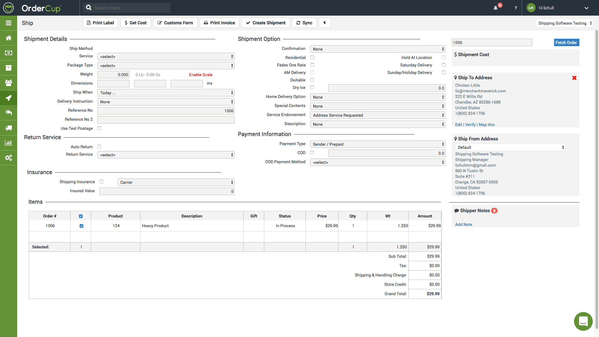 Screengrab of OrderCup order processing page