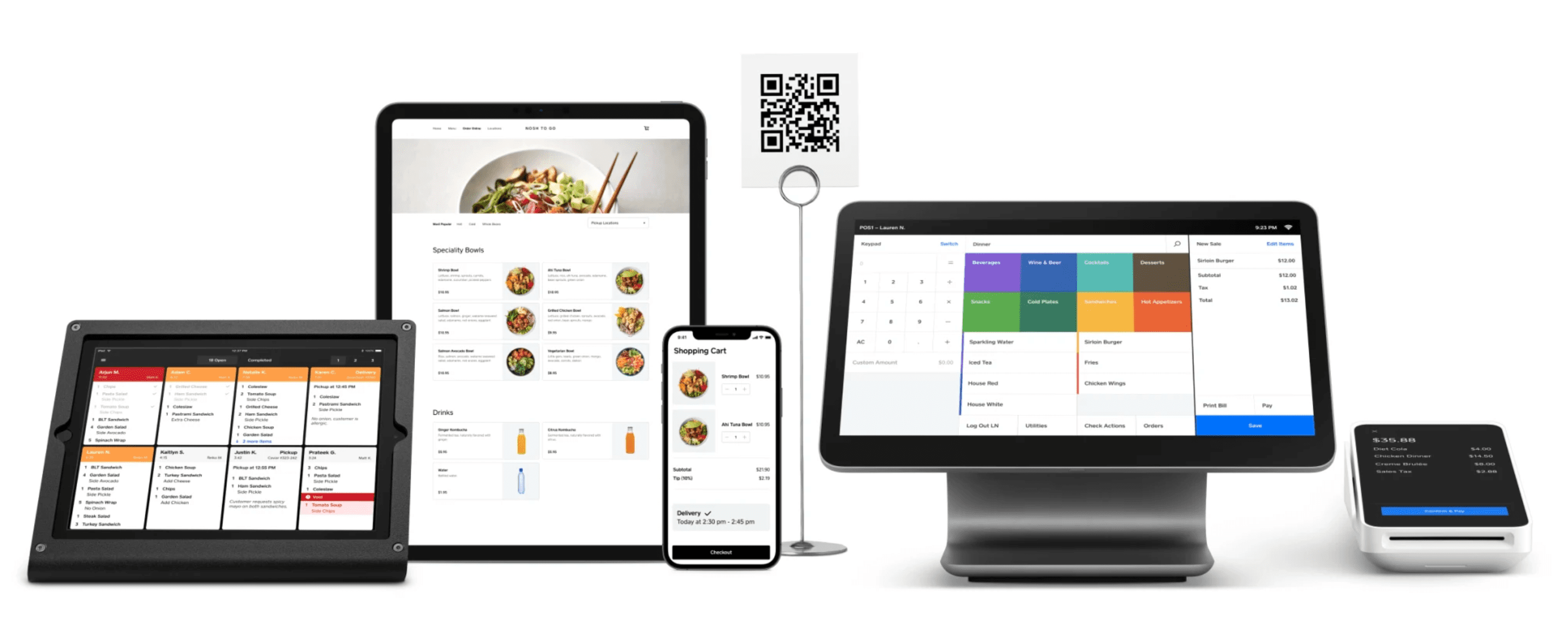 Square For Restaurants kitchen display screen, online ordering platform, mobile ordering app, Square Register, and Square Terminal