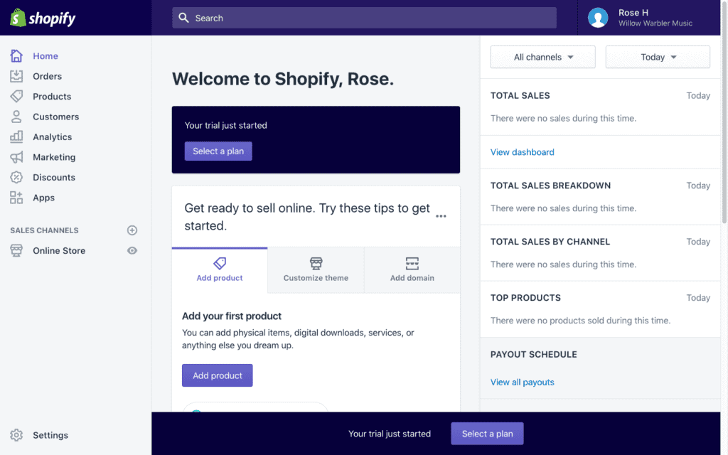 Shopify dashboard