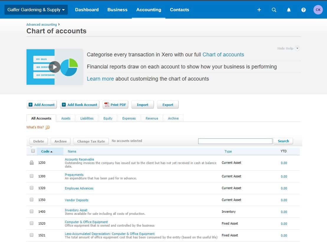 Xero's chart of accounts feature