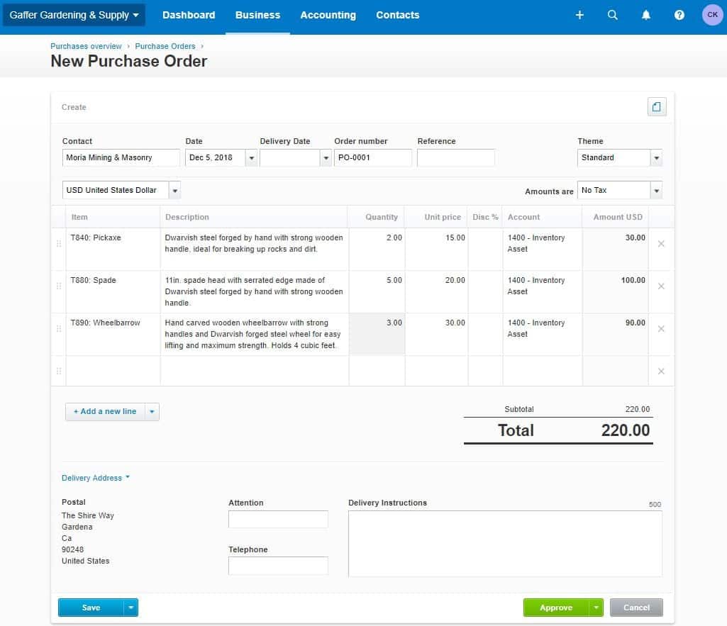 new purchase order in xero