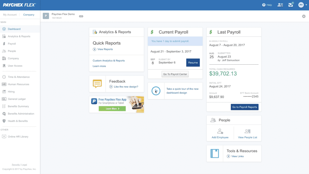 screenshot of Paychex dashboard