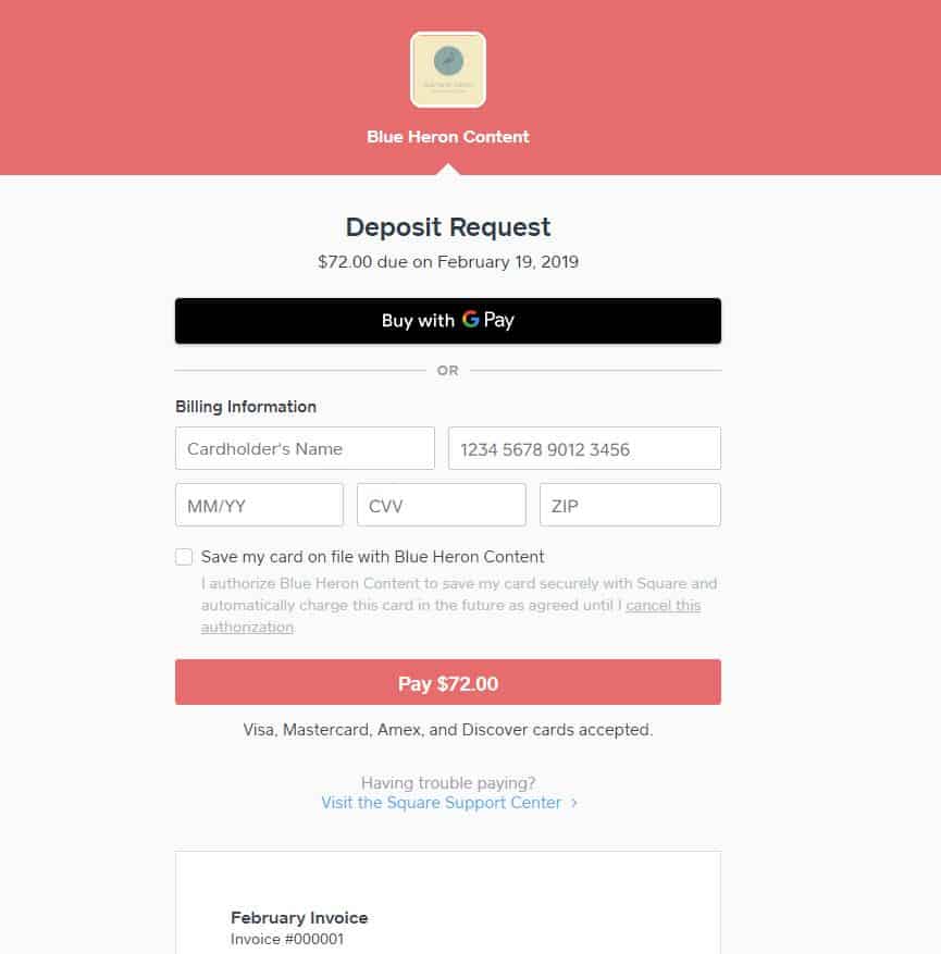 Square Invoices Deposit Request Example