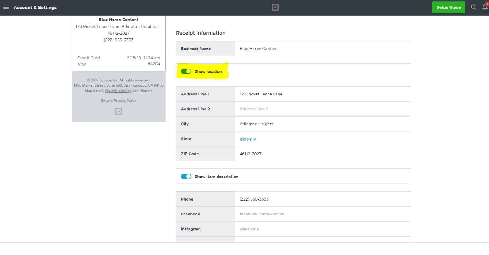 Hiding Location Square Invoice