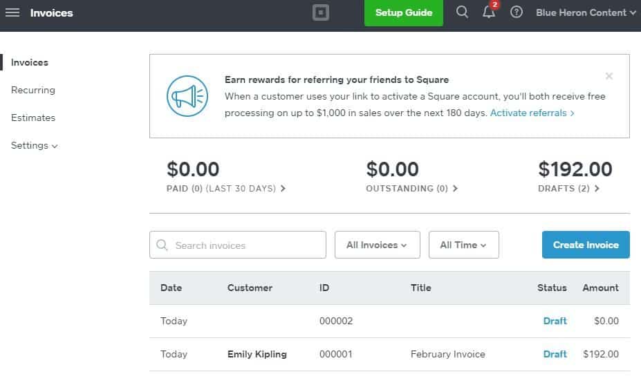 square invoices dashbaord