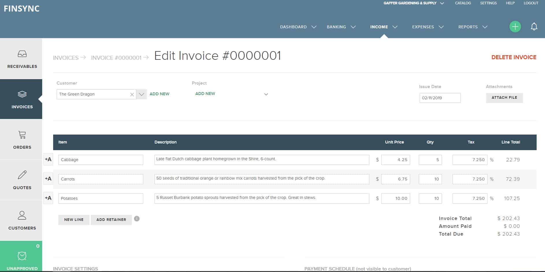 how to create an invoice in FINSYNC