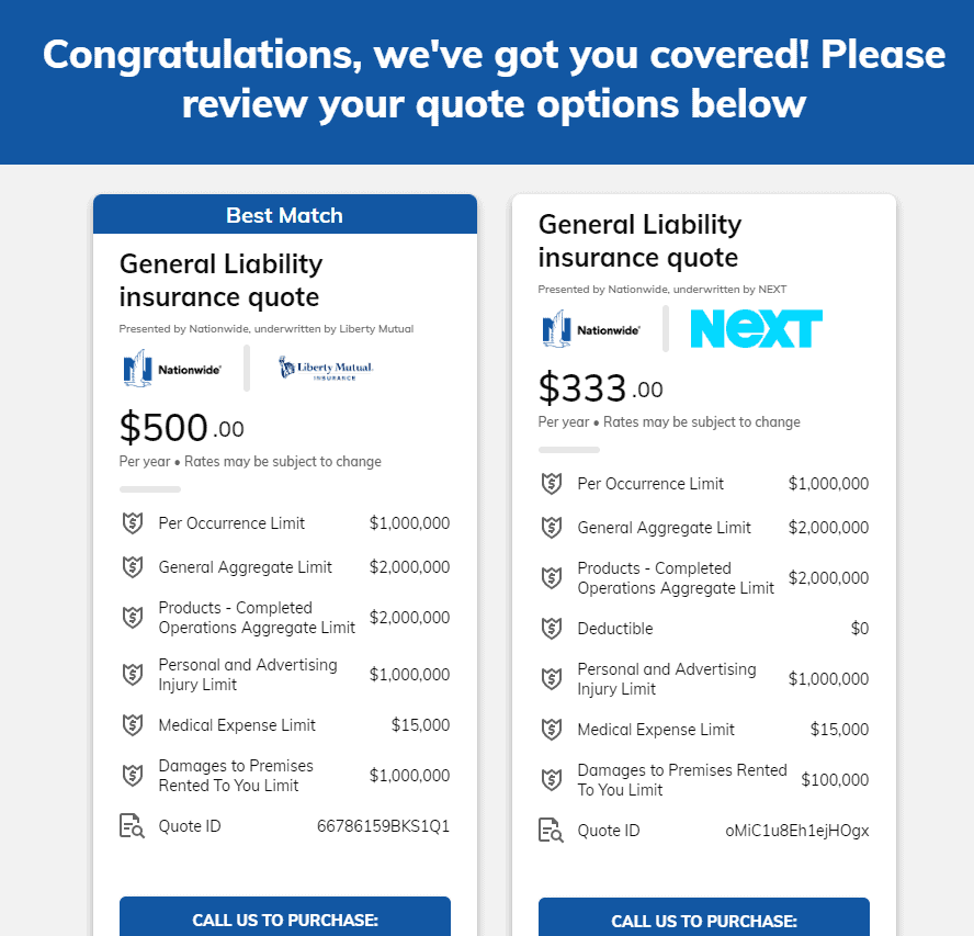 Nationwide Insurance price quote for general liability coverage