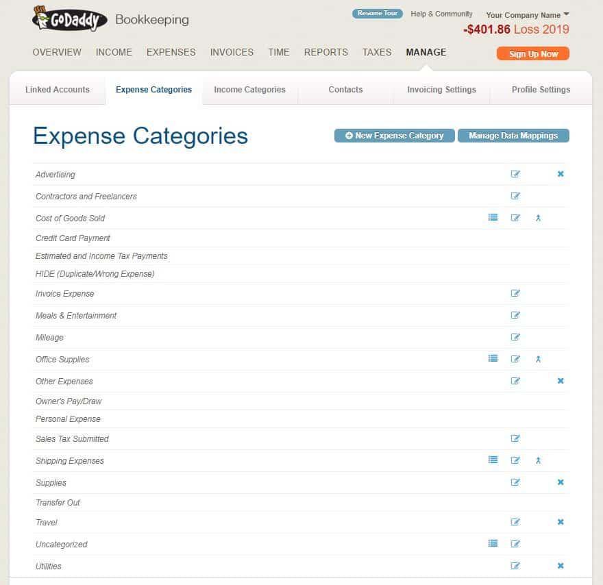 godaddy bookkeeping expense categories