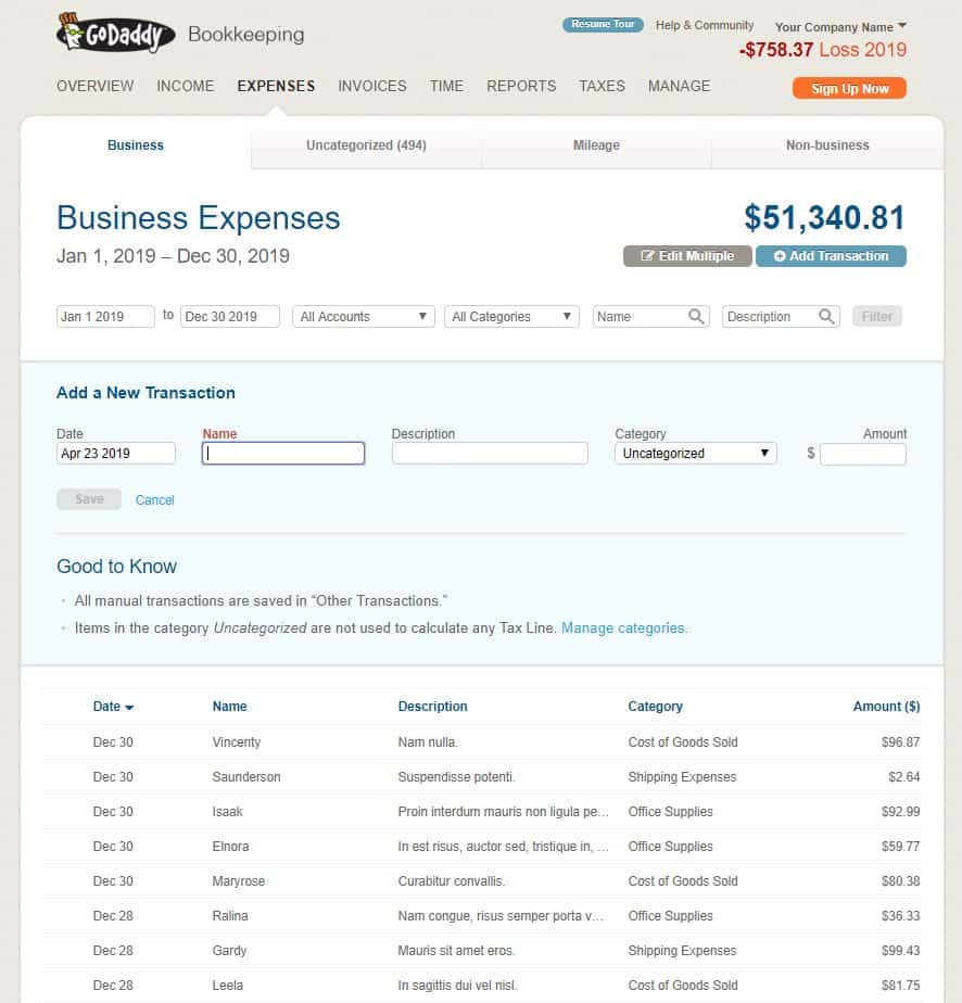 godaddy bookkeeping expense tracking