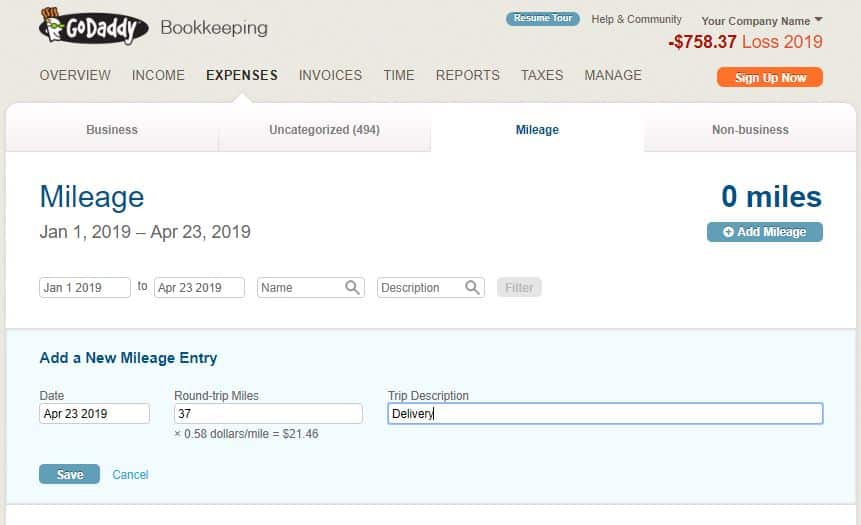 godaddy online bookkeeping mileage tracking feature