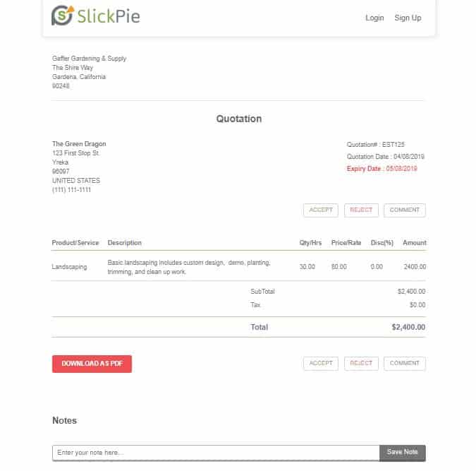 SlickPie customer invoice