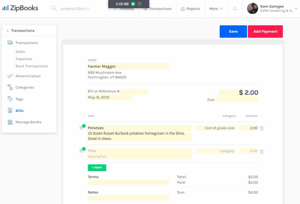 ZipBooks invoice itemization