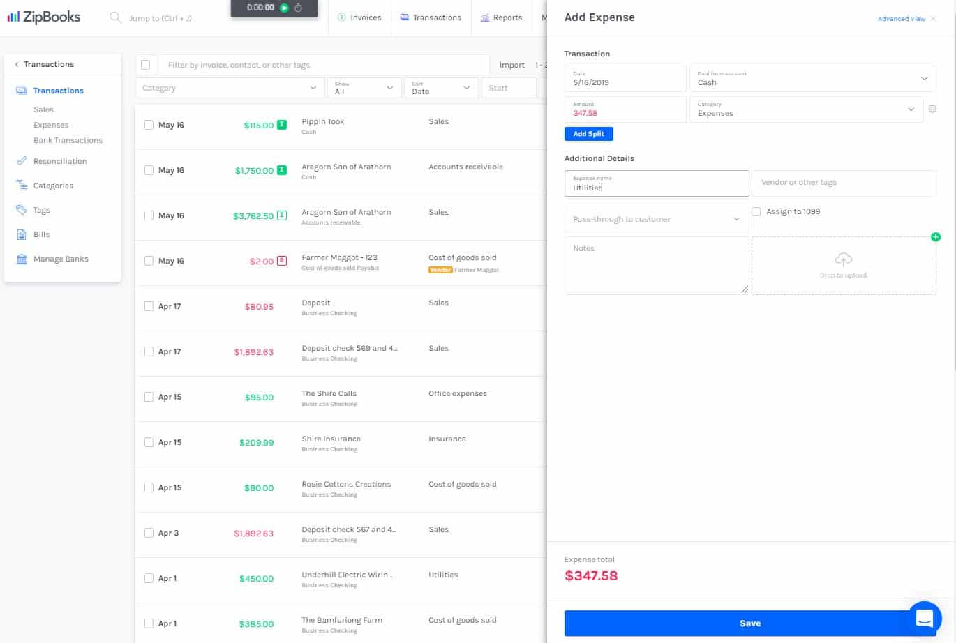 ZipBooks expense tracking