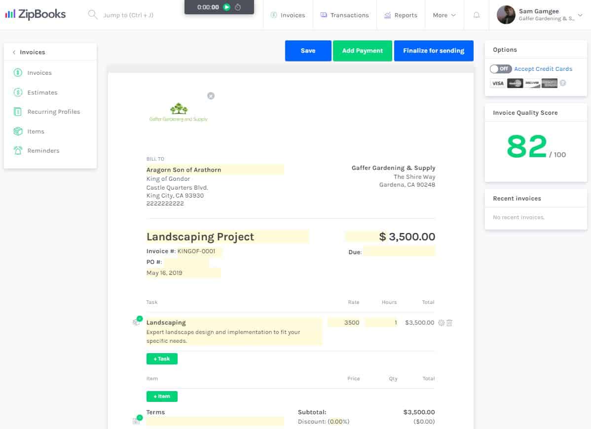 ZipBooks invoices interface