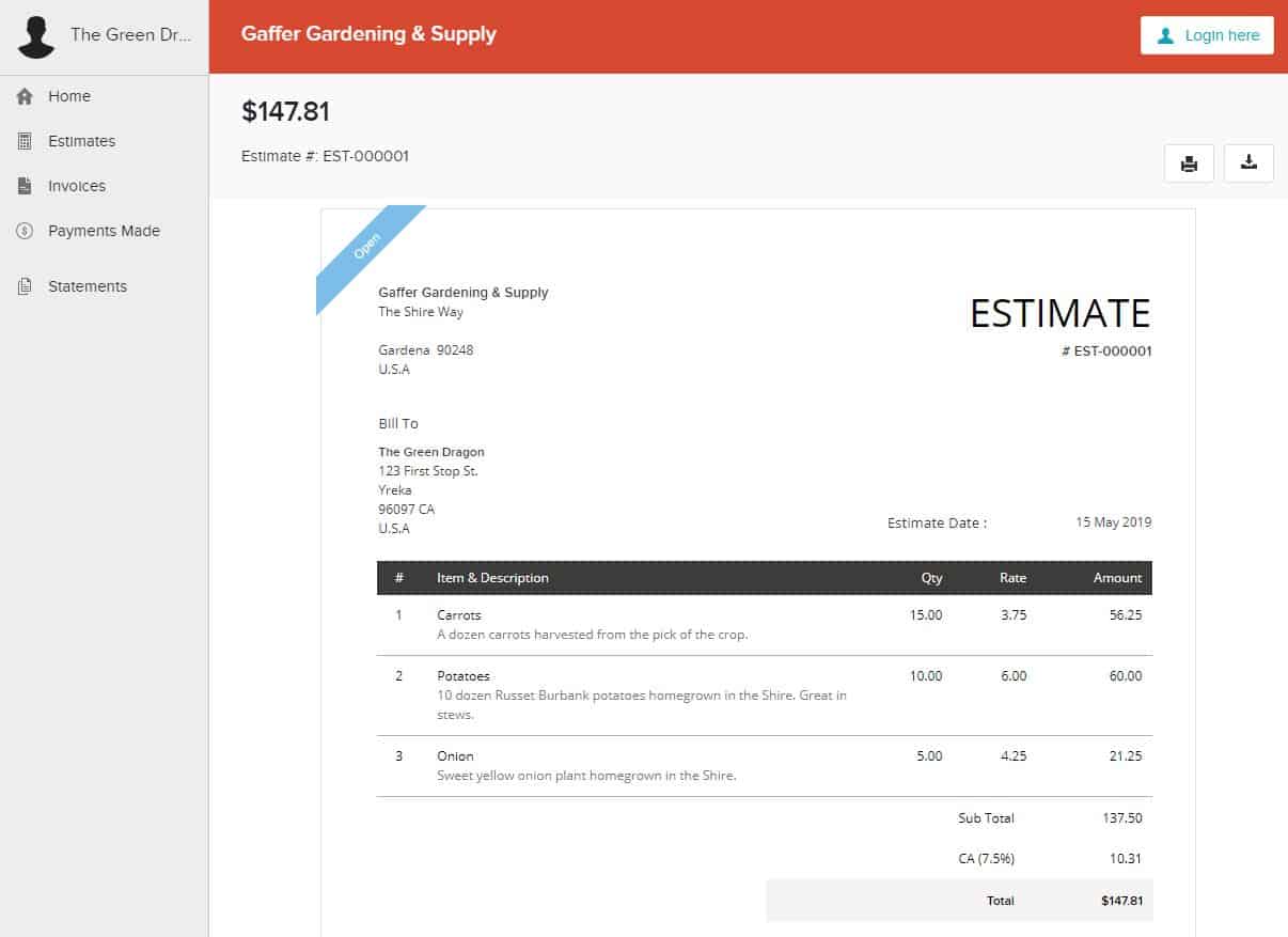 Zoho Books estimate
