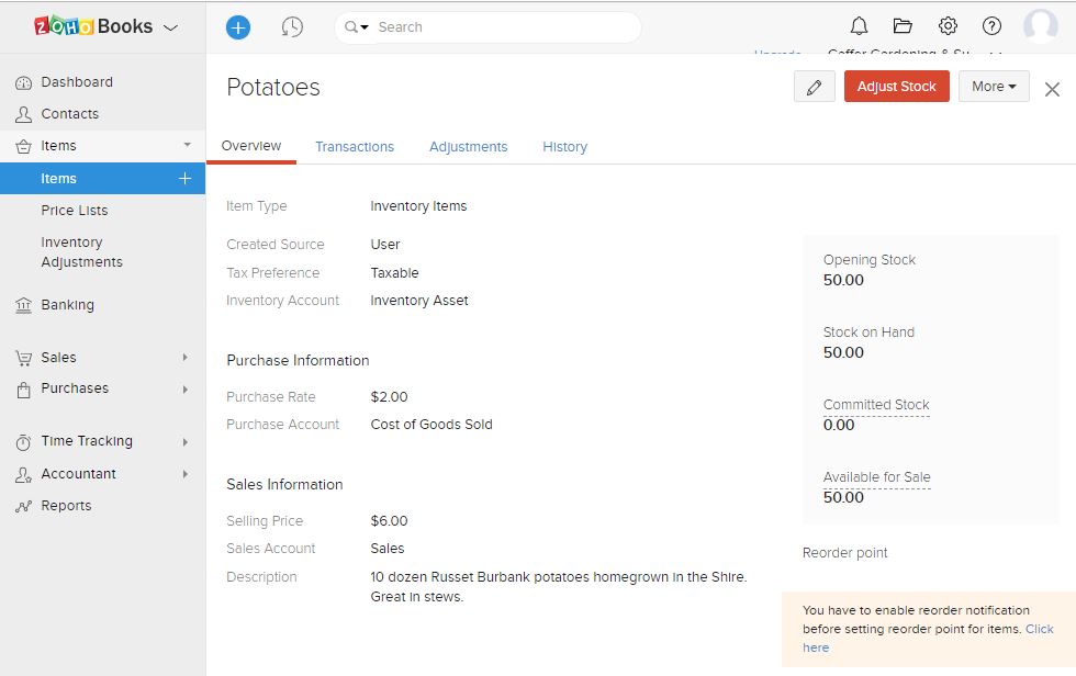 Zoho Books inventory management