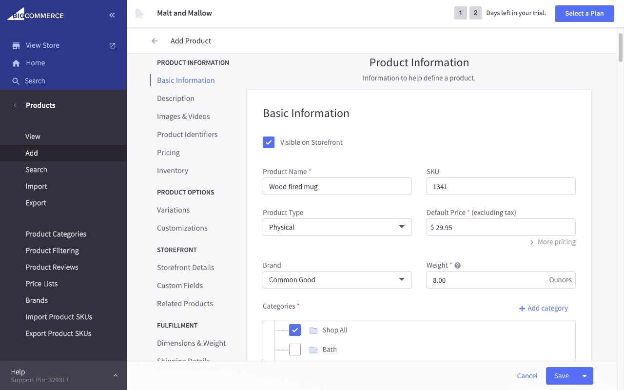 BigCommerce dashboard
