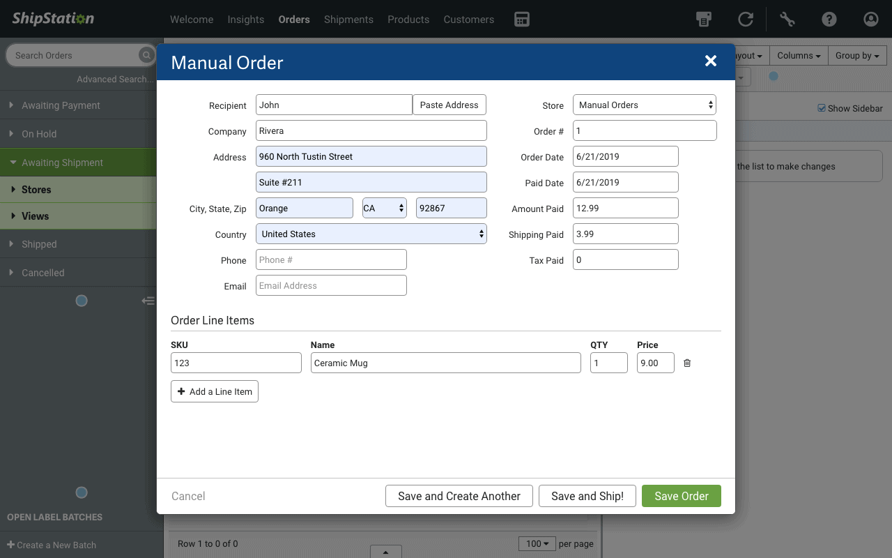 ShipStation Manual order