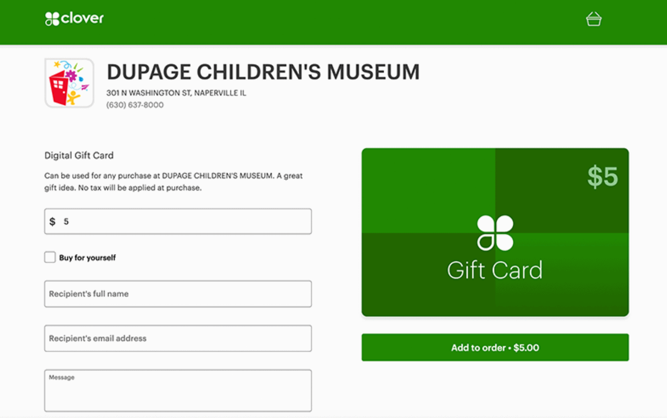 Purchase gift card for children's museum on Clover-powered website