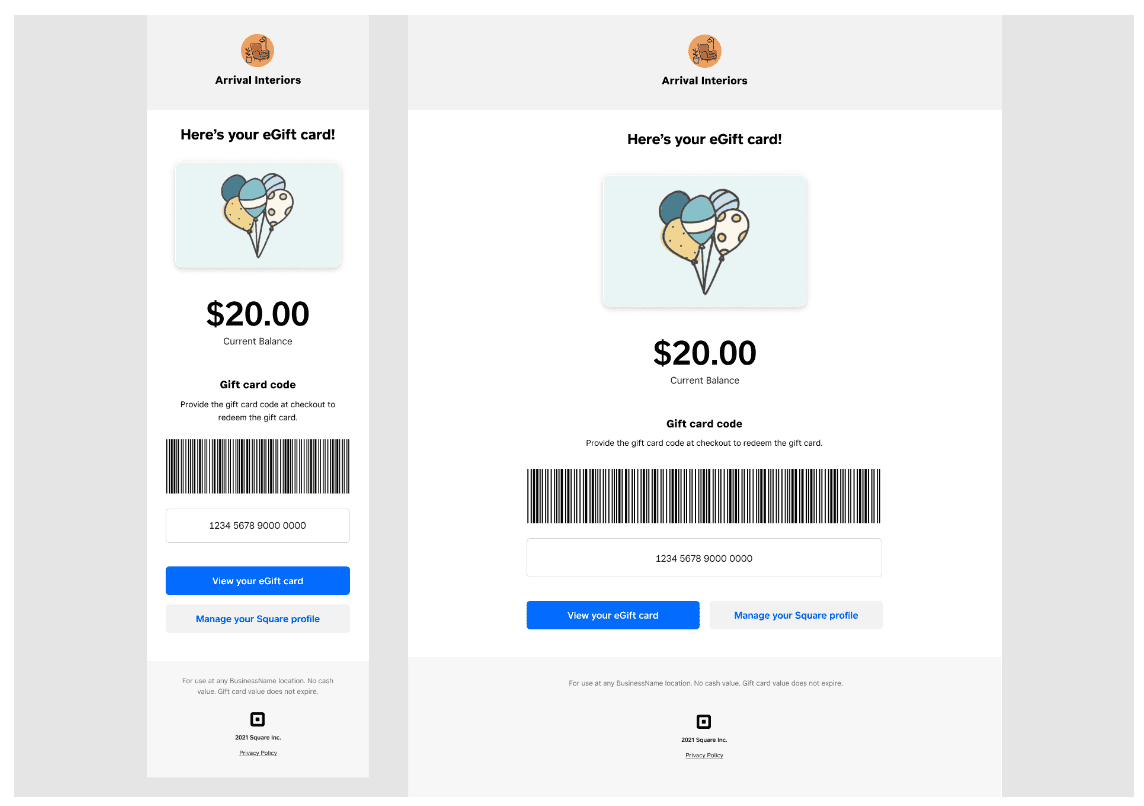 Square eGift card sale email receipt