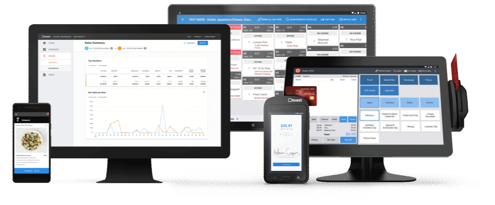 Toast software on PC, kitchen display screen, handheld mobile POS system, and countertop POS system