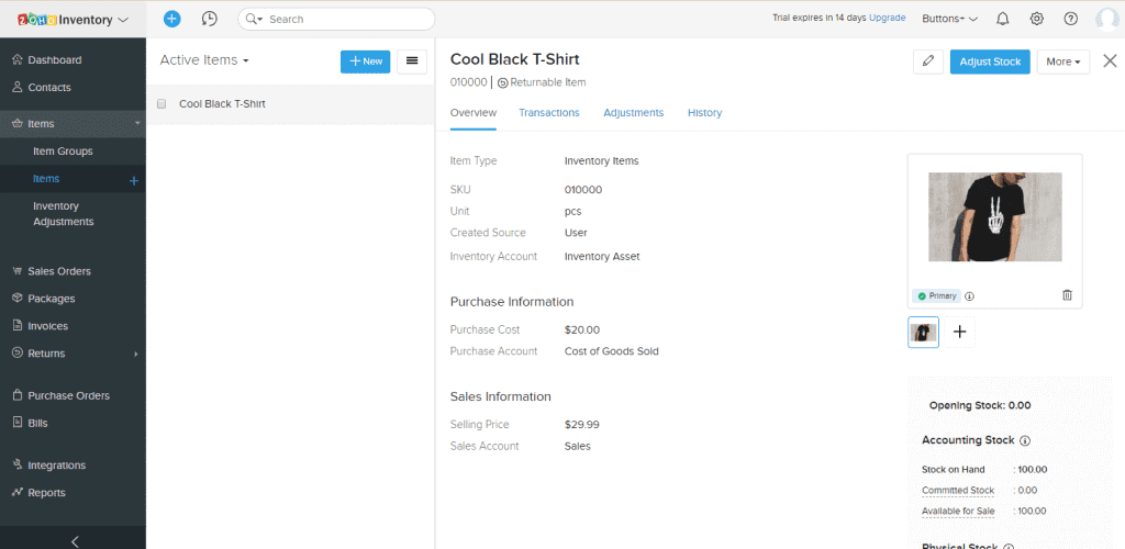 Screengrab of Zoho Inventory page