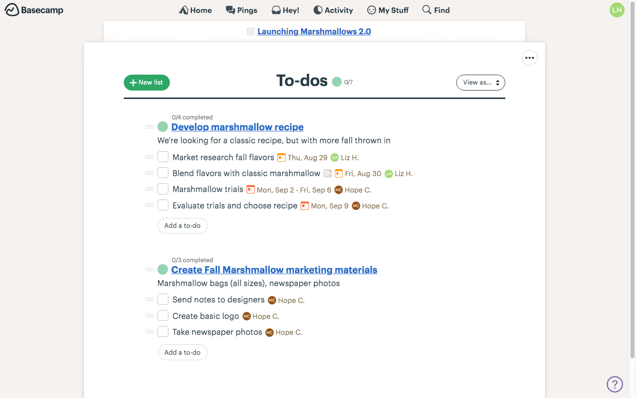 An example to-do list in Basecamp