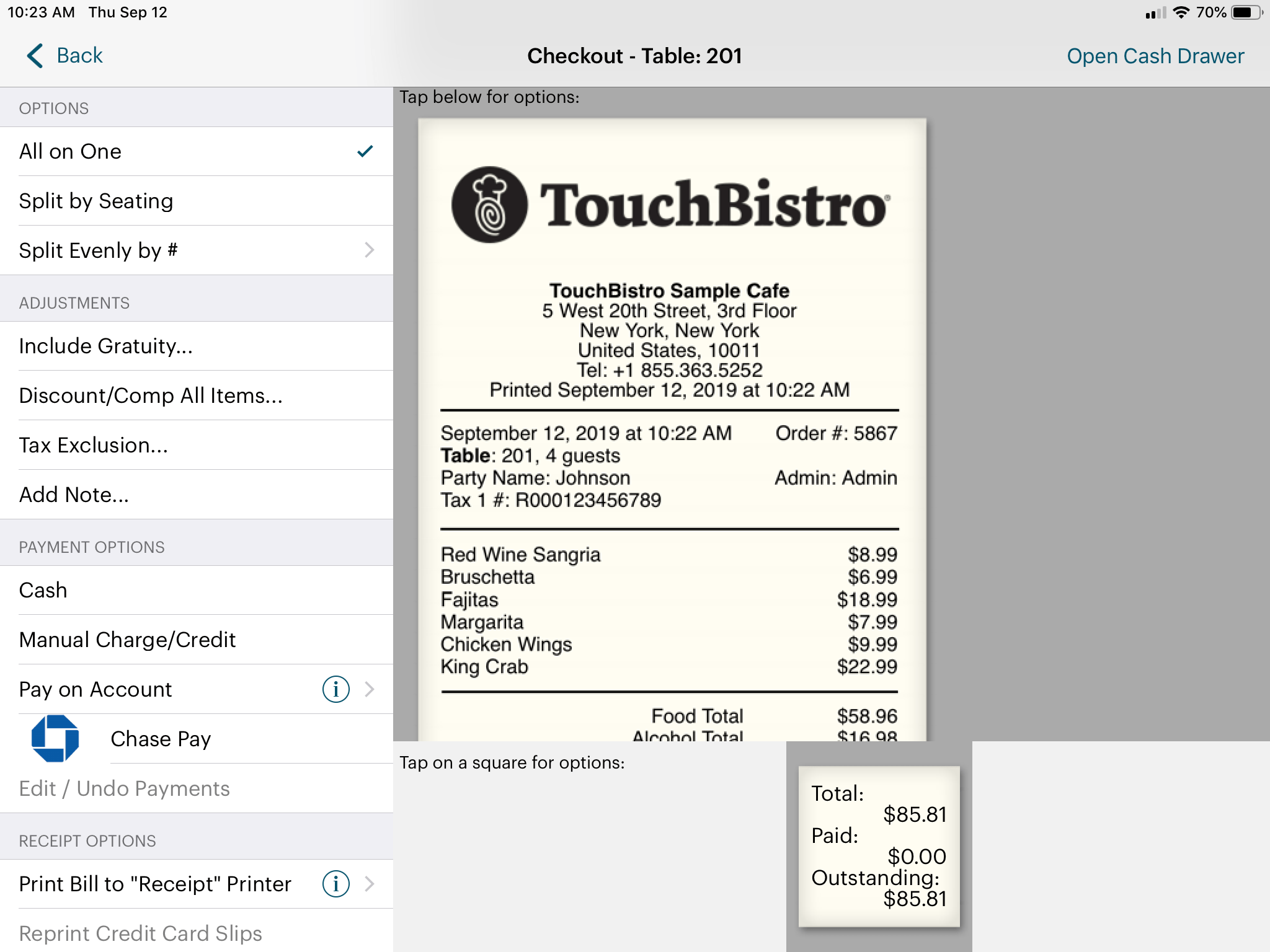 touchbistro pos checkout screen with digital receipt
