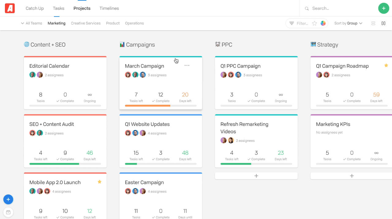 Flow dashboard displaying multiple projects in the form of cards on a page