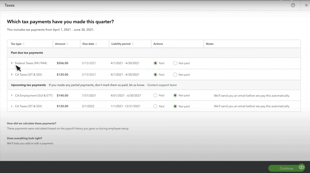 QuickBooks Online Payroll tax screen