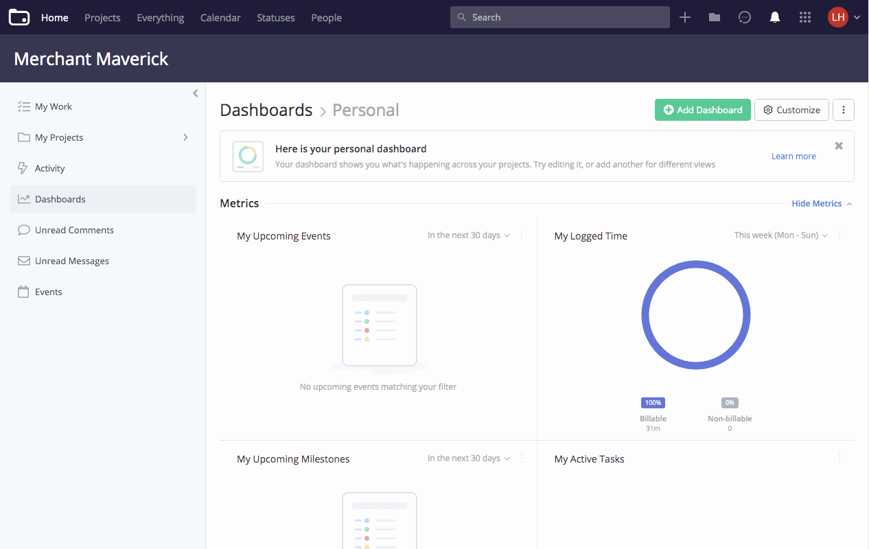 Teamwork projects dashboard displaying project metrics