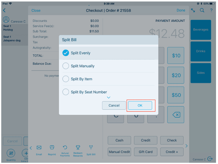 Revel restaurant POS check splitting.