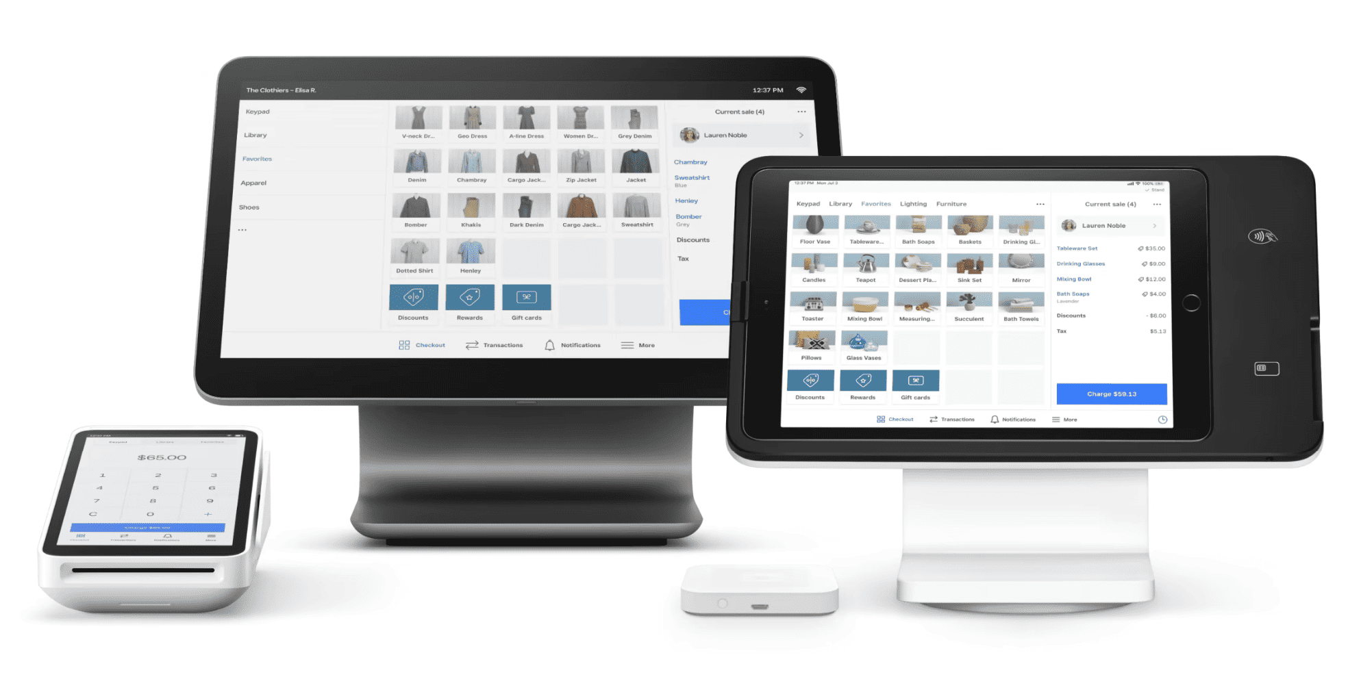 Square Terminal handheld POS system, Square Register, and Square iPad stand.