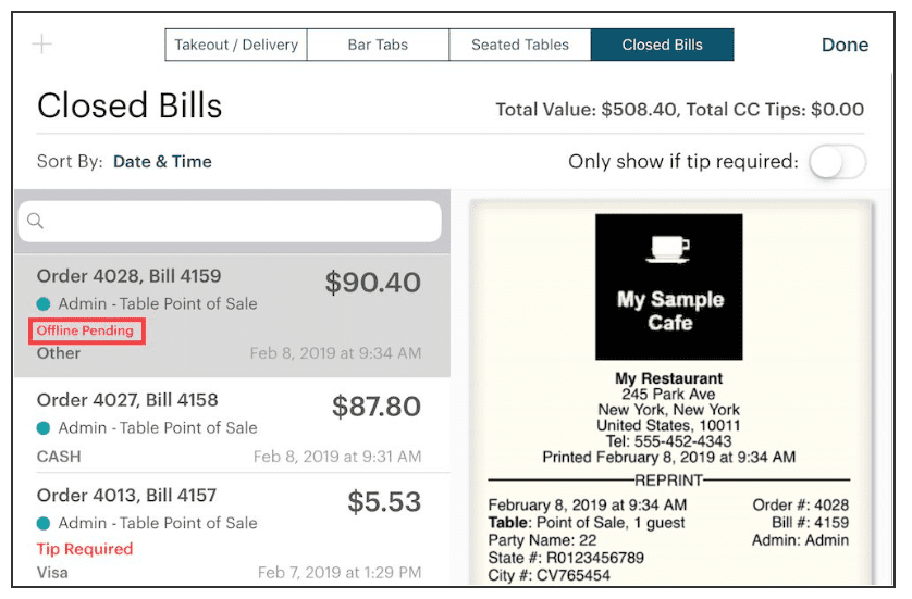 TouchBistro restaurant POS system offline payment mode.