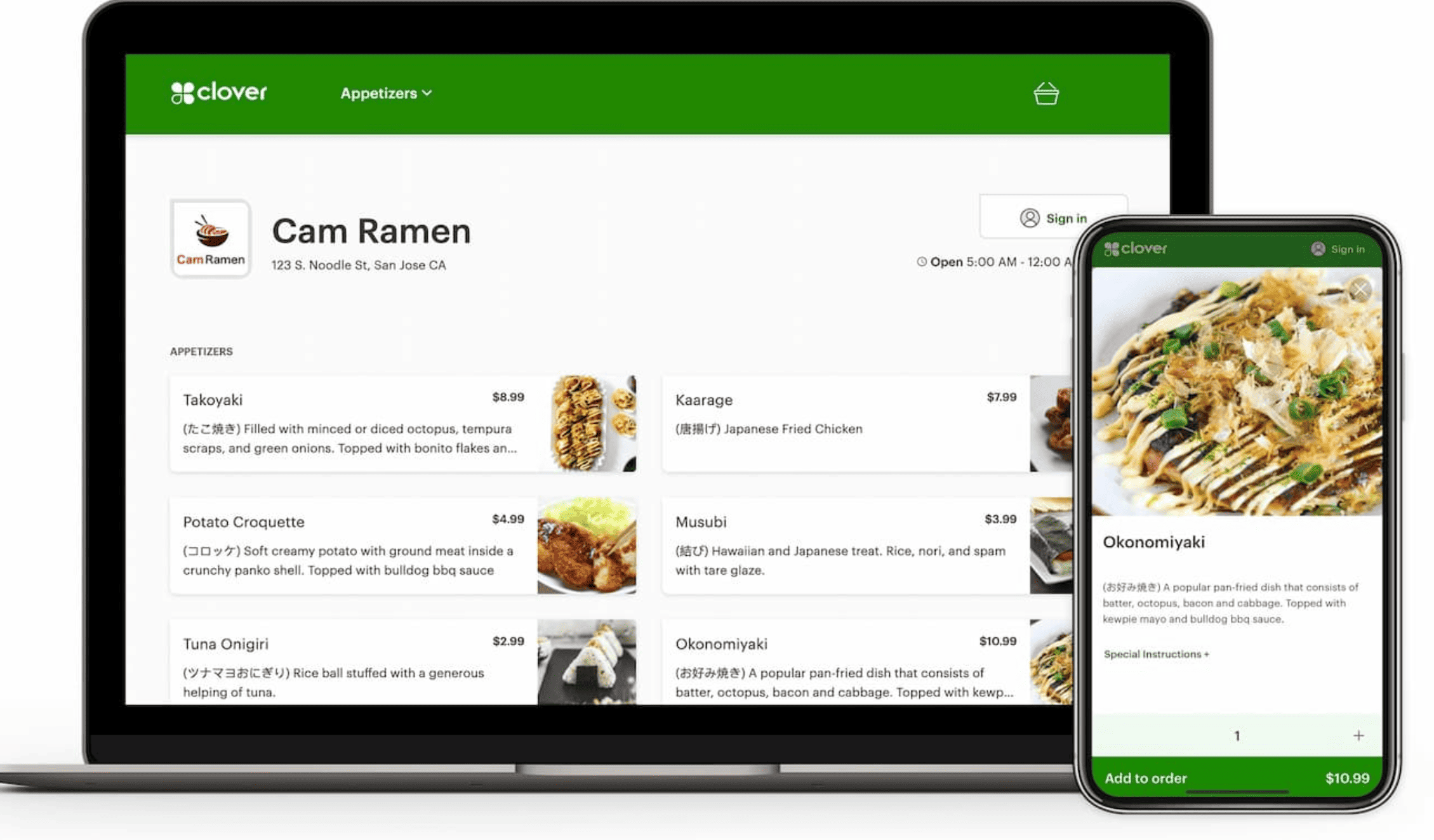 Clover online ordering platform on laptop and smartphone