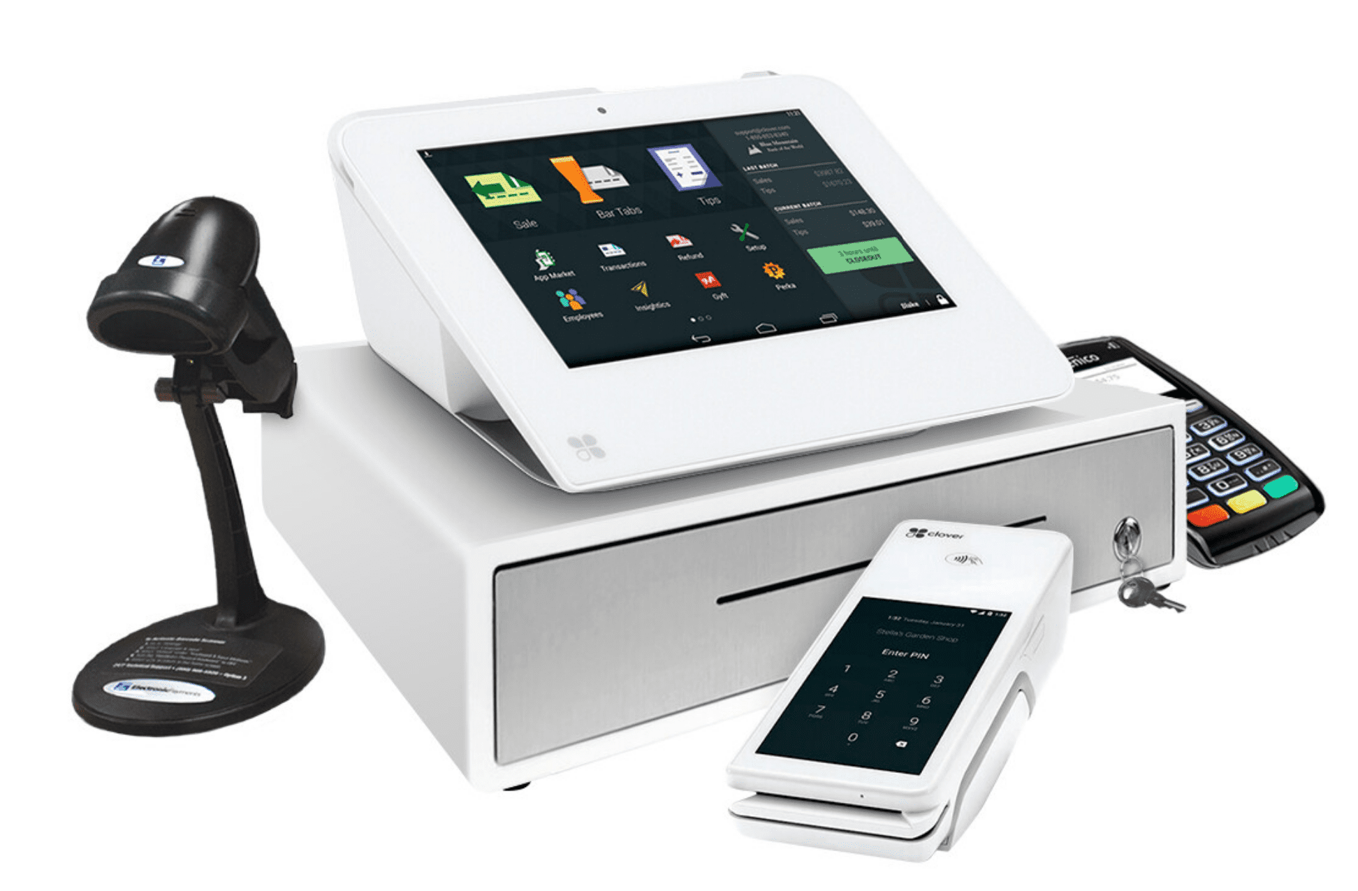 Clover countertop POS system, handheld POS system, barcode scanner, cash drawer, and card reader