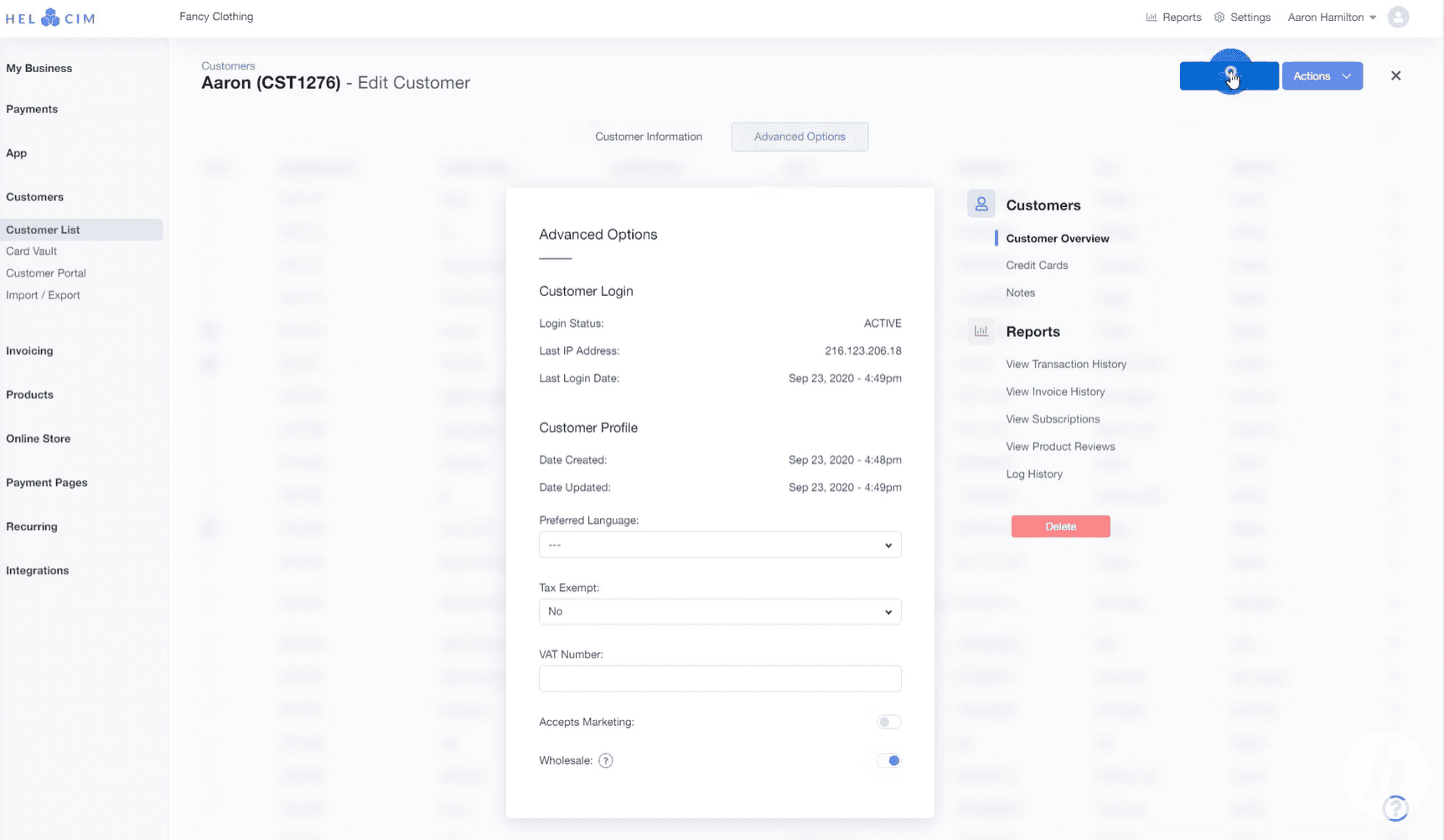 Helcim B2B wholesale item listing settings in Helcim dashboard