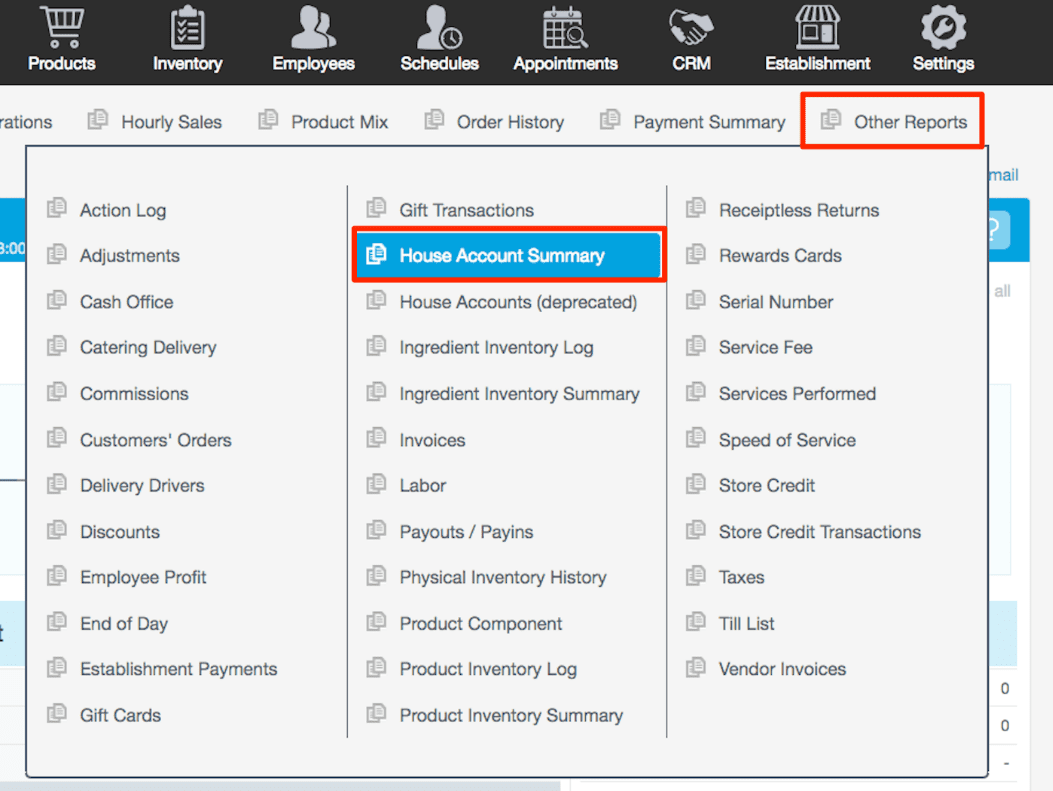 Revel pub POS system dashboard