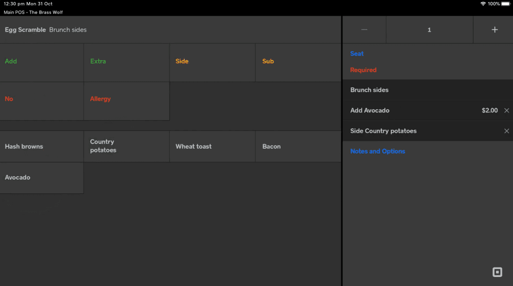 Square POS restaurant POS ordering interface