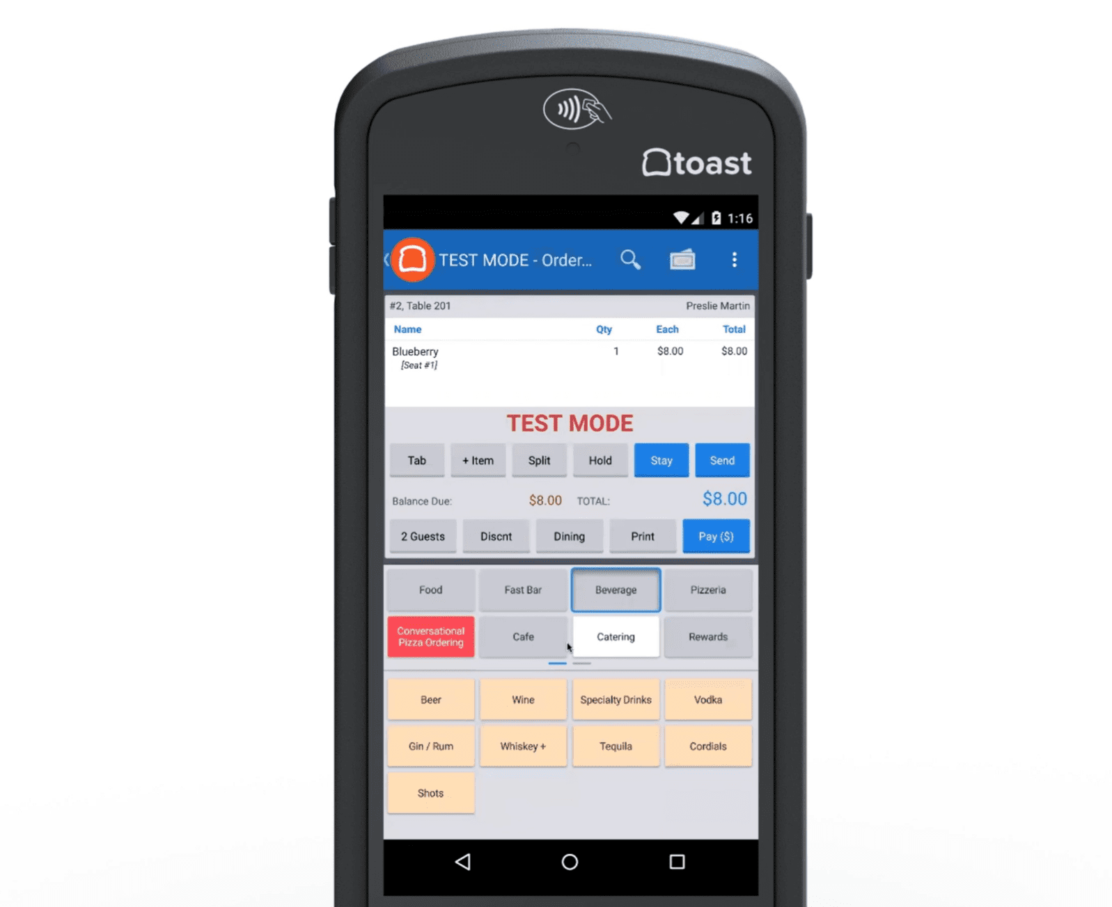 Toast handheld POS system drink ordering