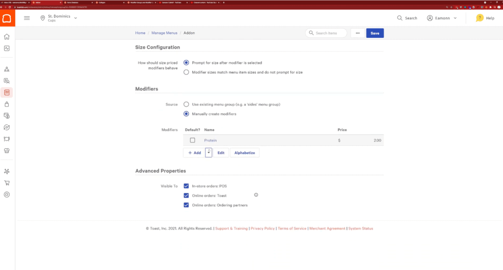 Toast POS admin dashboard menu item settings