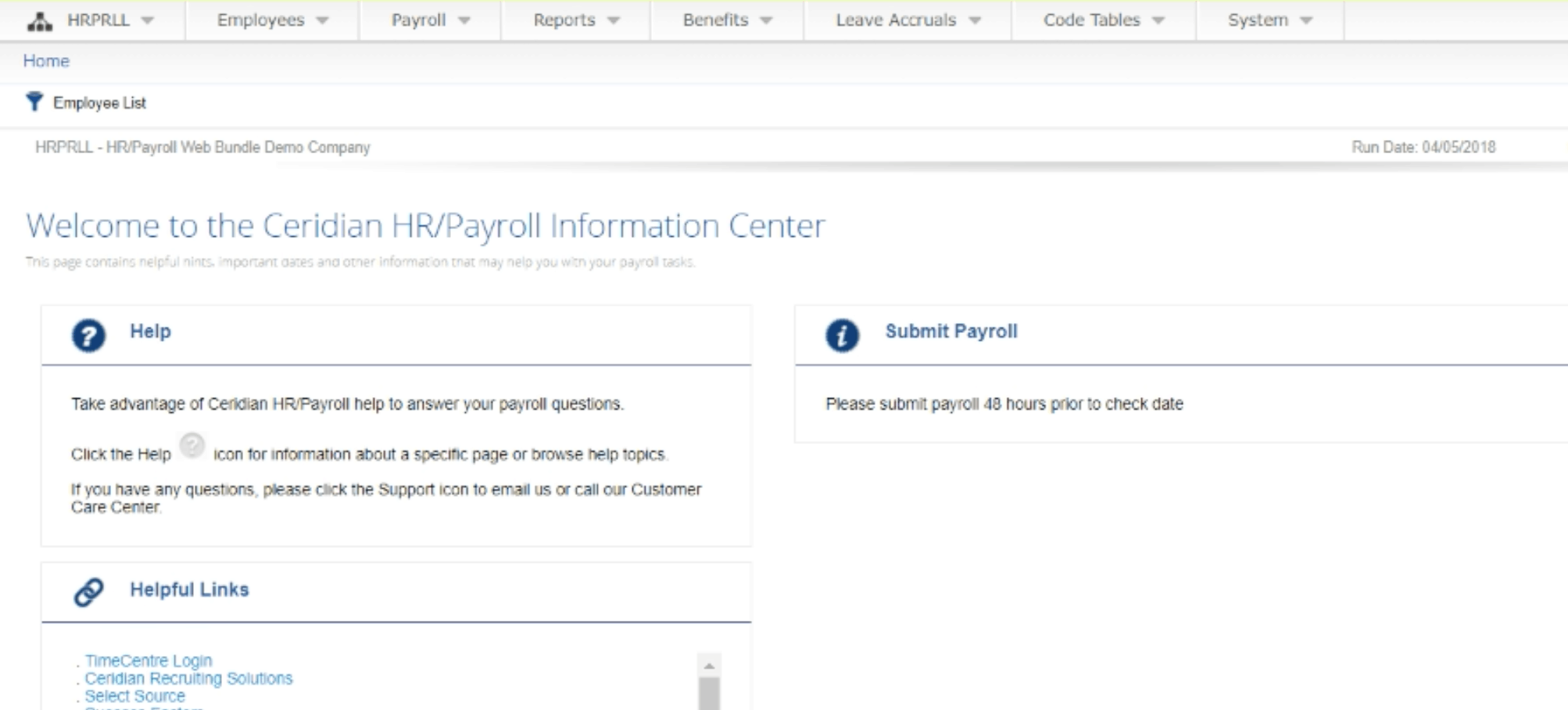 Ceridian HR Payroll dashboard