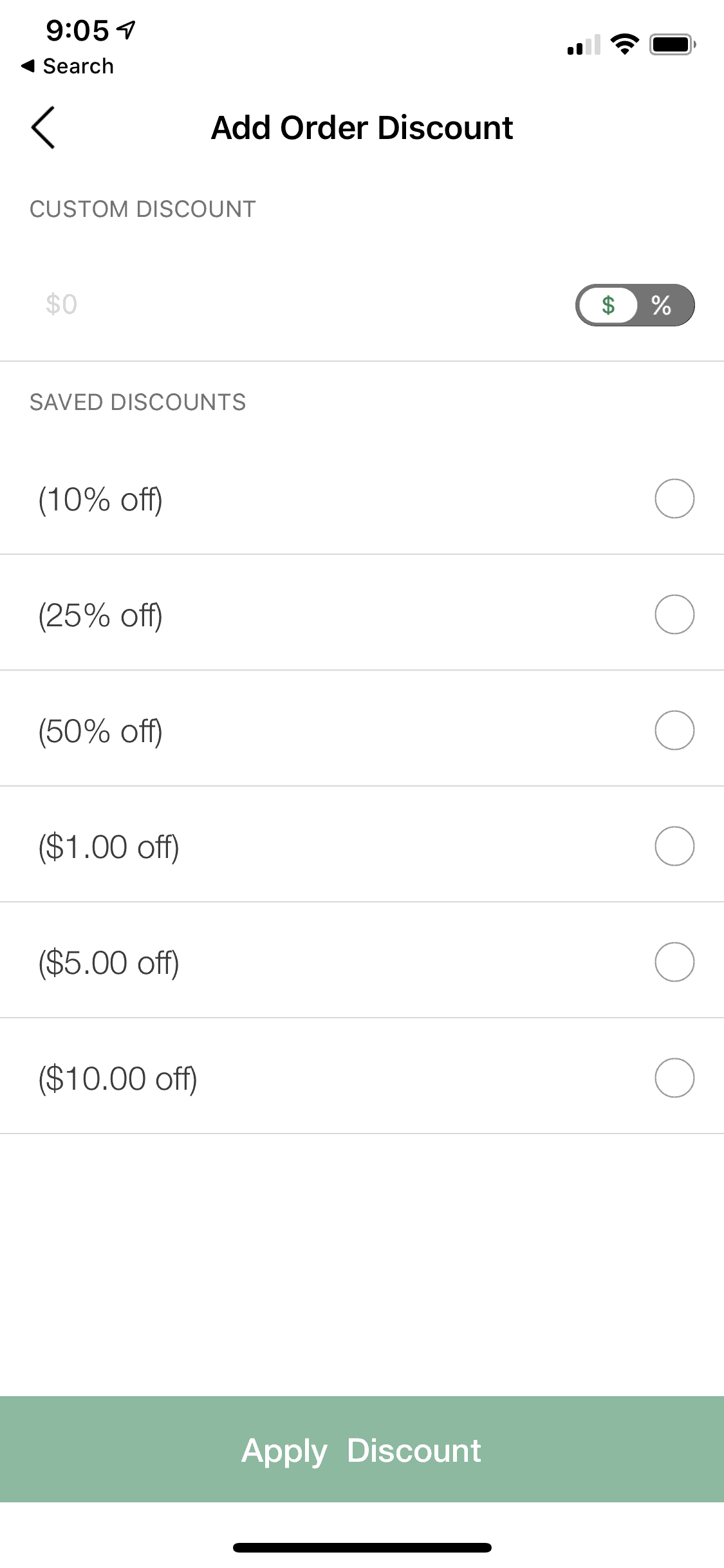 clover go screenshot of discounts screen on iPhone