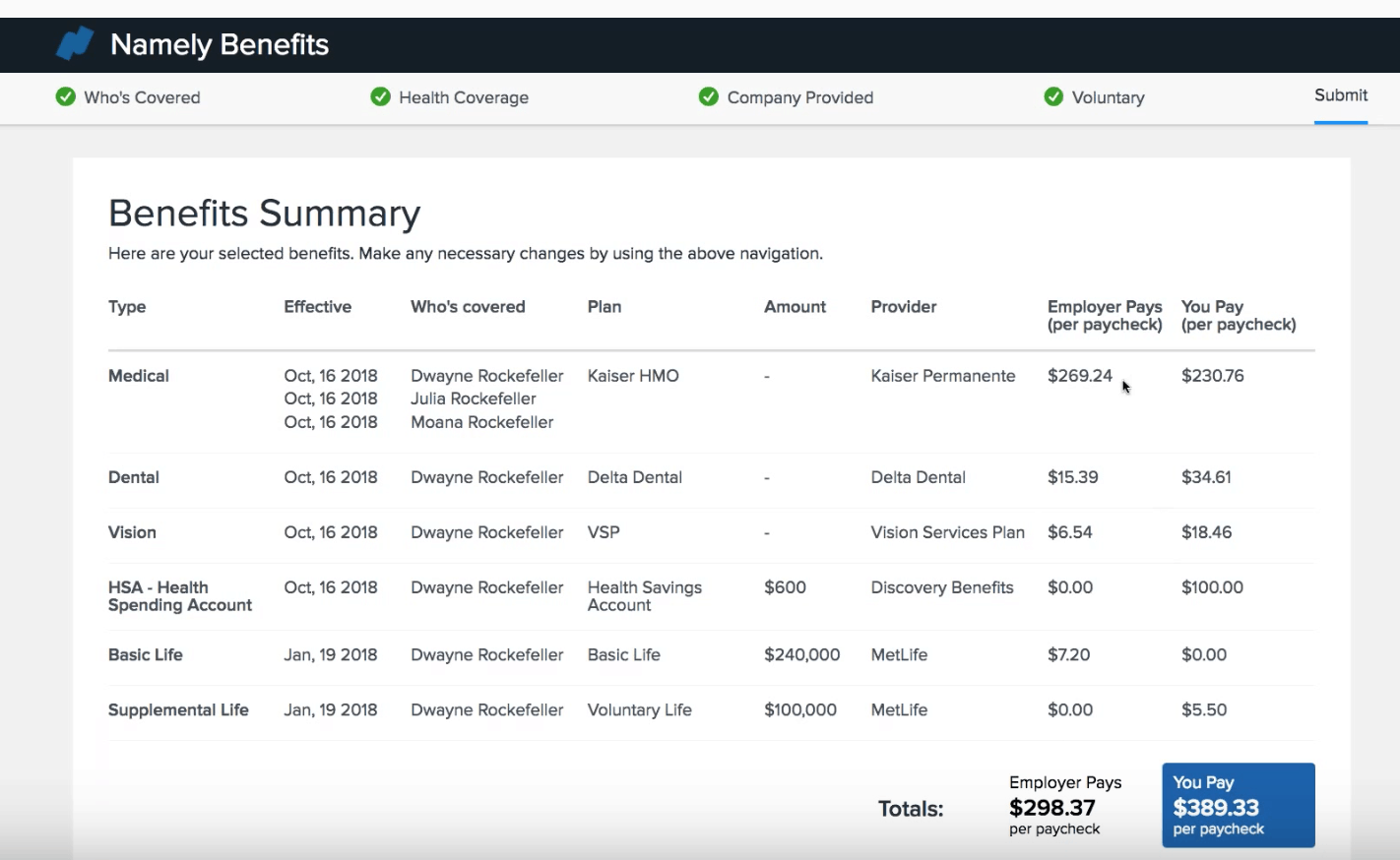 Namely's benefit summary screen