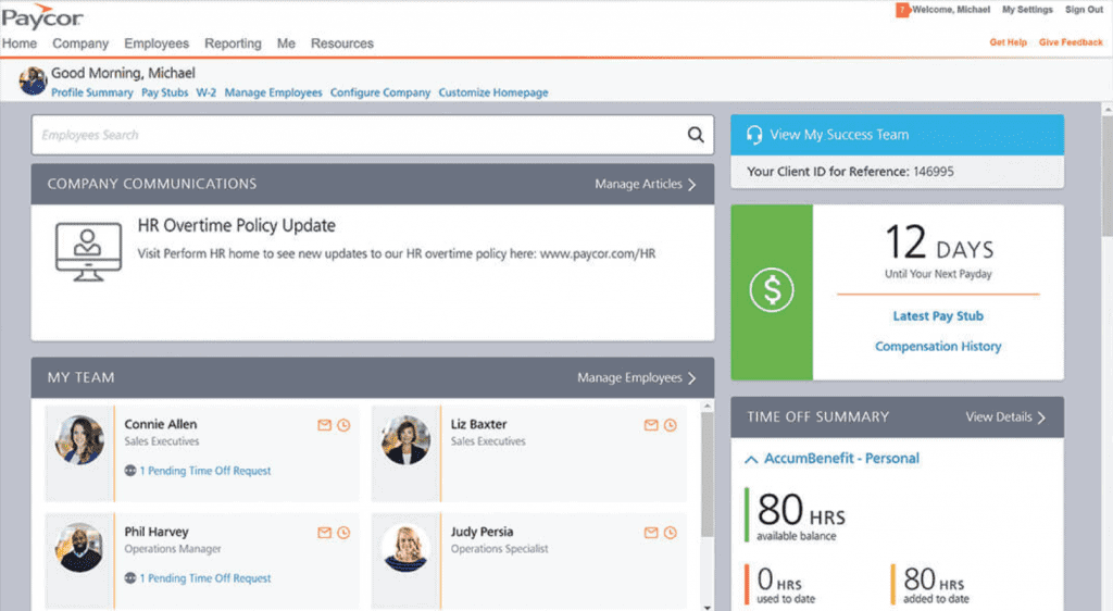 Paycor hr software dashboard