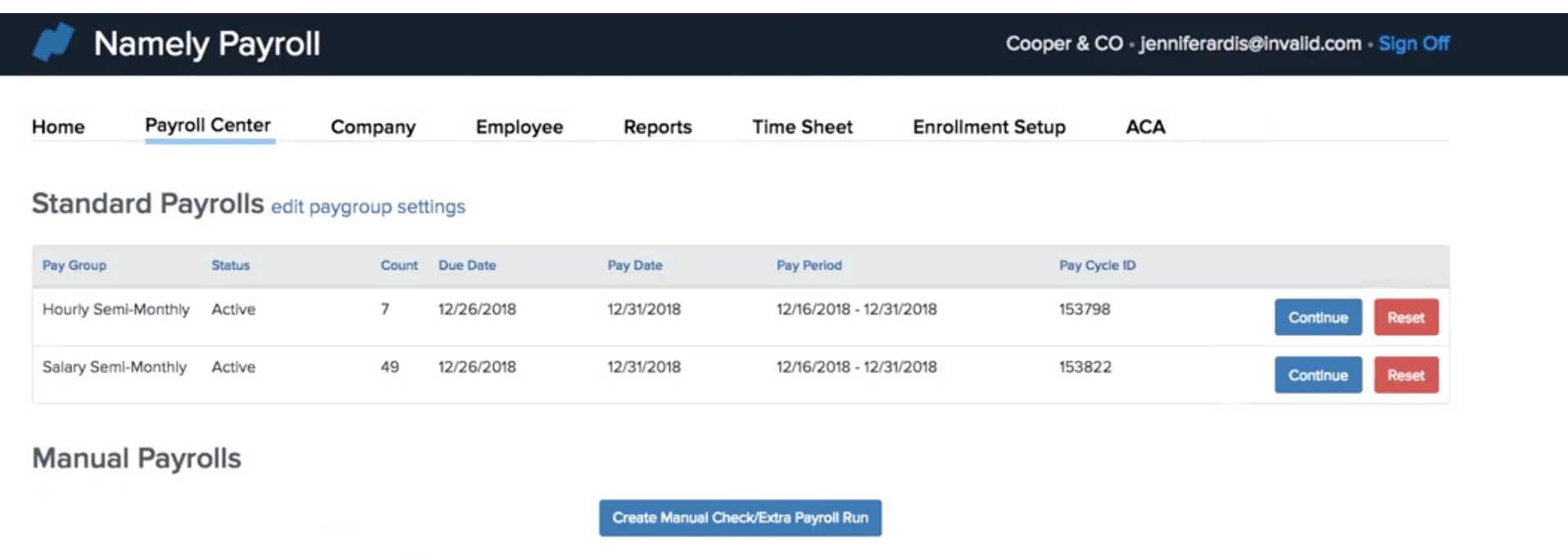 Namely payroll processing screen