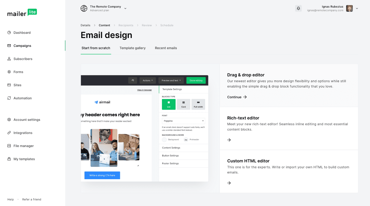 MailerLite email marketing design options