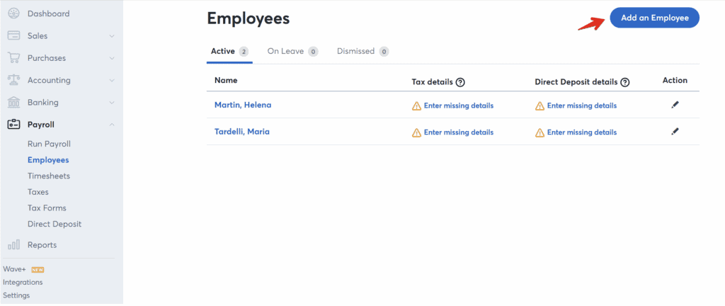 screenshot of Payroll by Wave's Employee Management Dashboard